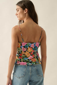 Vivid Blossoms Floral Satin Lace-Up Cami Top - ShopPromesa