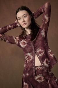 Merlot Bouquet Floral Mesh Long-Sleeve Snap-Front Top - ShopPromesa