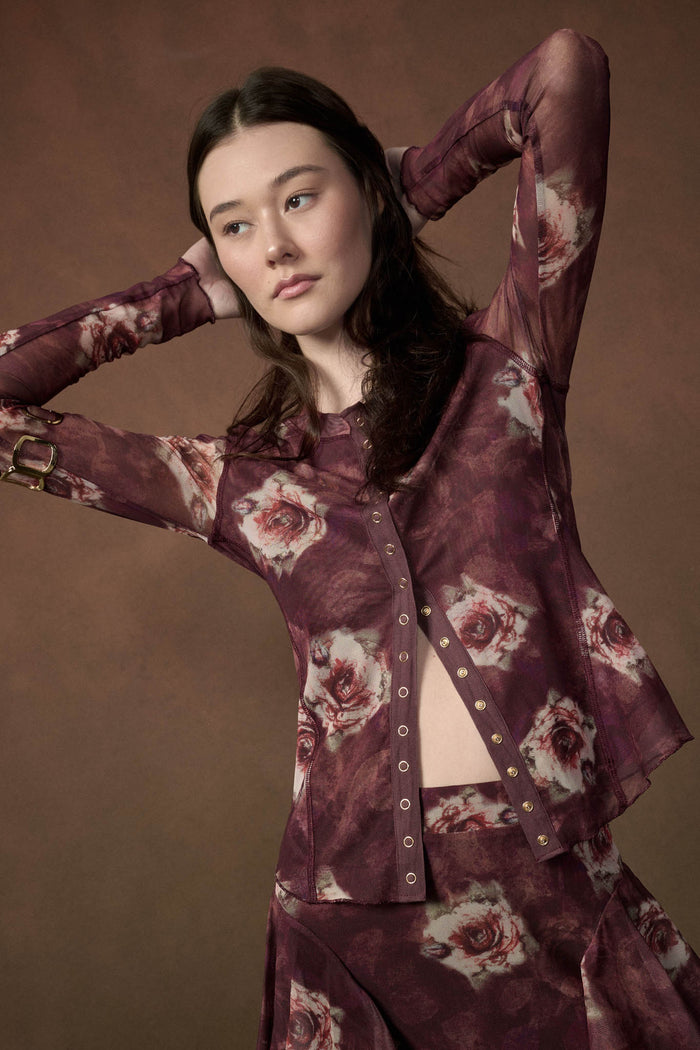 Merlot Bouquet Floral Mesh Long-Sleeve Snap-Front Top - ShopPromesa