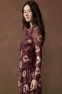 Merlot Bouquet Floral Mesh Long-Sleeve Snap-Front Top - ShopPromesa