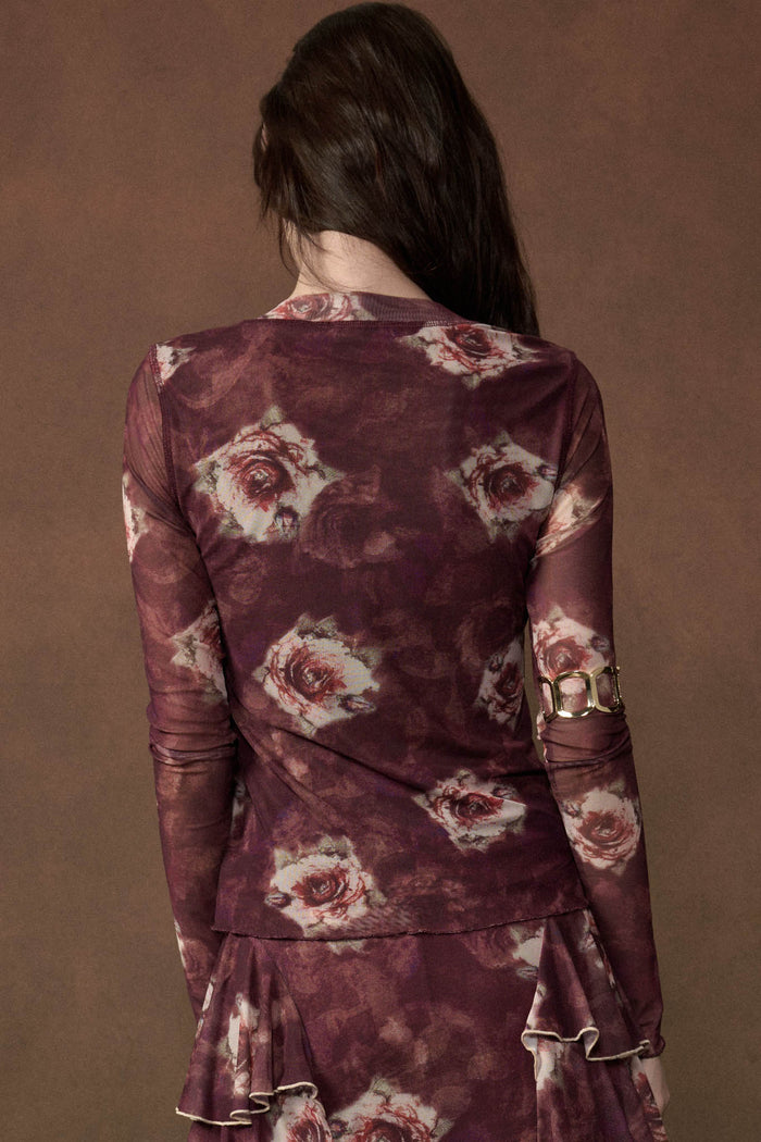 Merlot Bouquet Floral Mesh Long-Sleeve Snap-Front Top - ShopPromesa