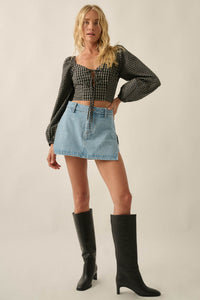 Squared Up Plaid Tie-Front Cropped Balloon-Sleeve Top - ShopPromesa