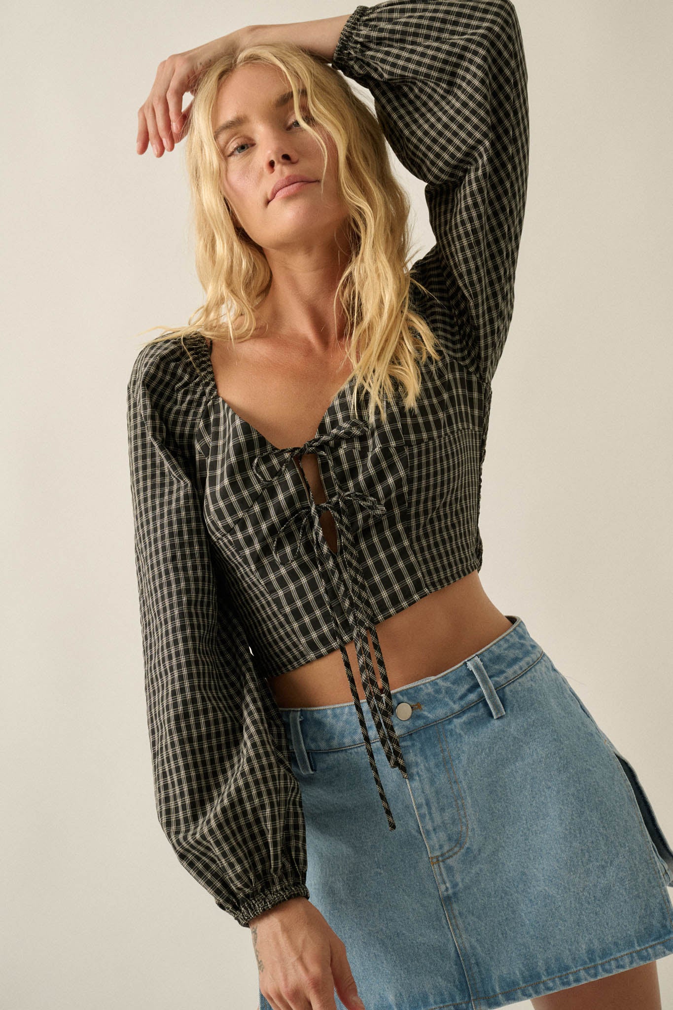 Squared Up Plaid Tie-Front Cropped Balloon-Sleeve Top - ShopPromesa