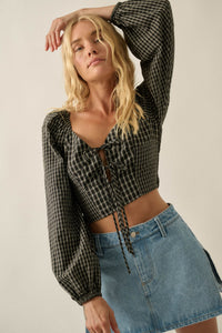 Squared Up Plaid Tie-Front Cropped Balloon-Sleeve Top - ShopPromesa
