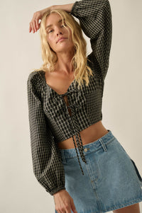Squared Up Plaid Tie-Front Cropped Balloon-Sleeve Top - ShopPromesa