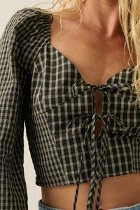 Squared Up Plaid Tie-Front Cropped Balloon-Sleeve Top - ShopPromesa