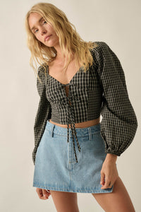 Squared Up Plaid Tie-Front Cropped Balloon-Sleeve Top - ShopPromesa