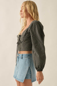 Squared Up Plaid Tie-Front Cropped Balloon-Sleeve Top - ShopPromesa