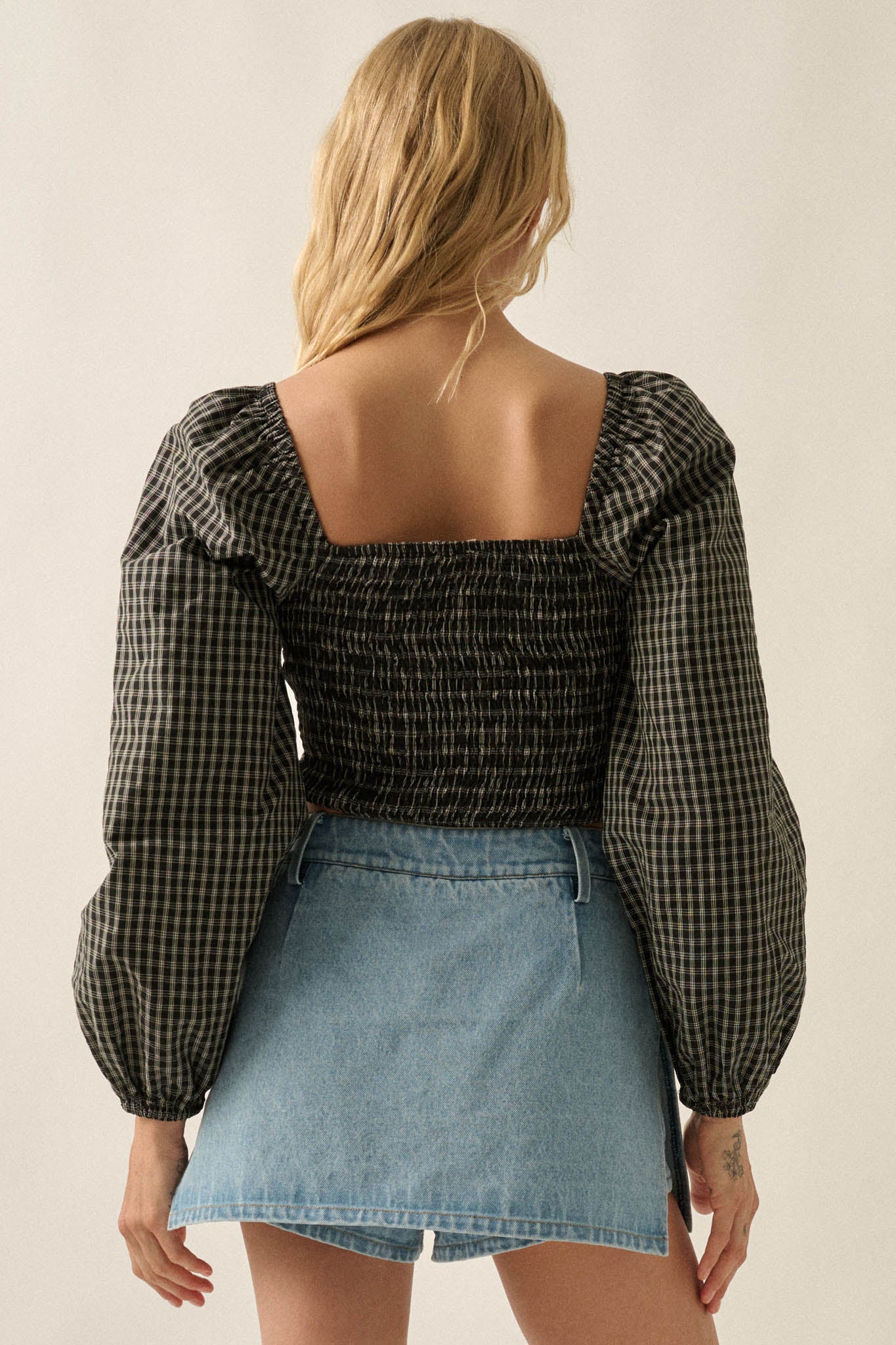 Squared Up Plaid Tie-Front Cropped Balloon-Sleeve Top - ShopPromesa