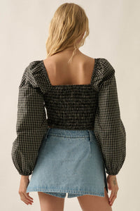 Squared Up Plaid Tie-Front Cropped Balloon-Sleeve Top - ShopPromesa