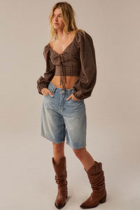 Squared Up Plaid Tie-Front Cropped Balloon-Sleeve Top - ShopPromesa