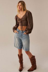 Squared Up Plaid Tie-Front Cropped Balloon-Sleeve Top - ShopPromesa