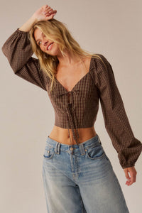 Squared Up Plaid Tie-Front Cropped Balloon-Sleeve Top - ShopPromesa