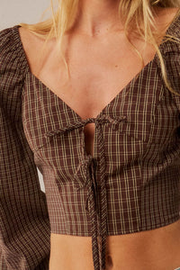 Squared Up Plaid Tie-Front Cropped Balloon-Sleeve Top - ShopPromesa