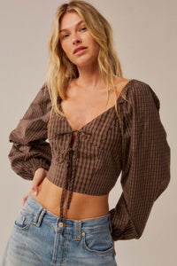 Squared Up Plaid Tie-Front Cropped Balloon-Sleeve Top - ShopPromesa