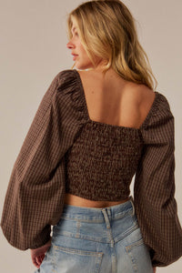 Squared Up Plaid Tie-Front Cropped Balloon-Sleeve Top - ShopPromesa