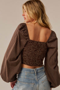 Squared Up Plaid Tie-Front Cropped Balloon-Sleeve Top - ShopPromesa