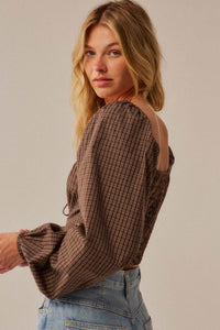 Squared Up Plaid Tie-Front Cropped Balloon-Sleeve Top - ShopPromesa