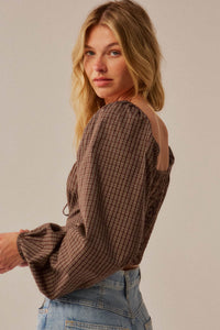 Squared Up Plaid Tie-Front Cropped Balloon-Sleeve Top - ShopPromesa