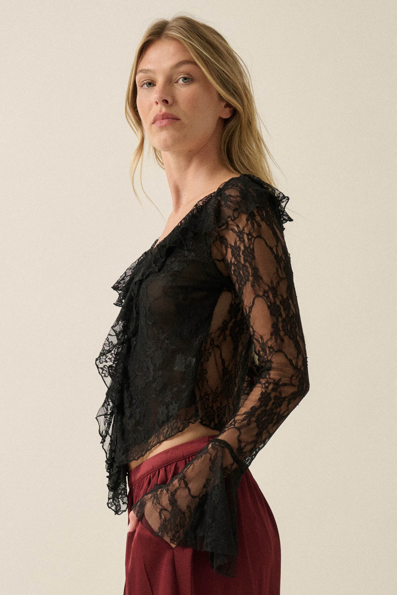 Bella Donna Floral Lace Ruffled Bell-Sleeve Top - ShopPromesa