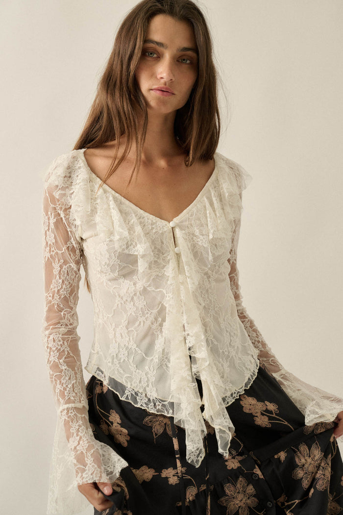 Bella Donna Floral Lace Ruffled Bell-Sleeve Top - ShopPromesa