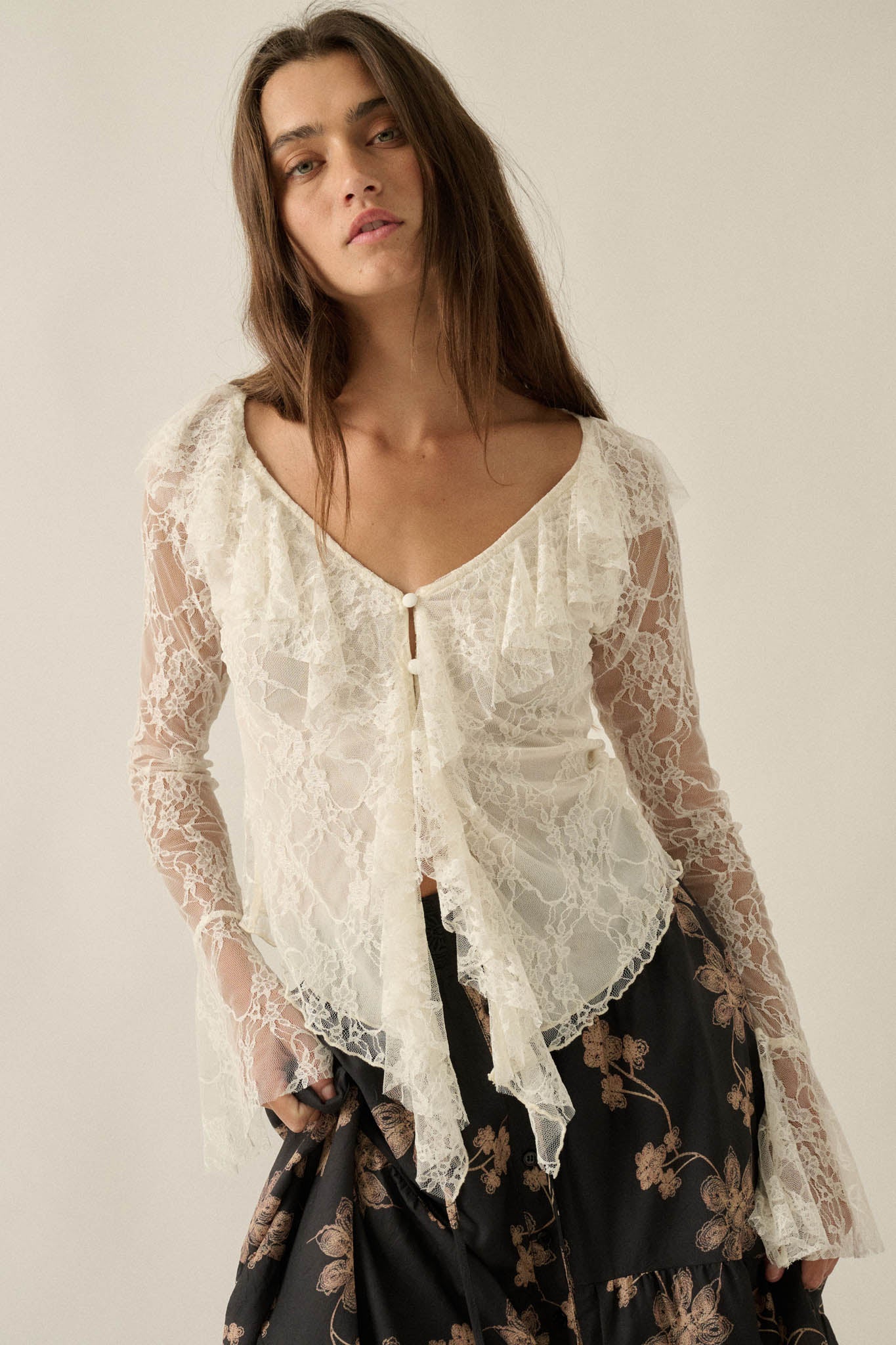 Bella Donna Floral Lace Ruffled Bell-Sleeve Top - ShopPromesa