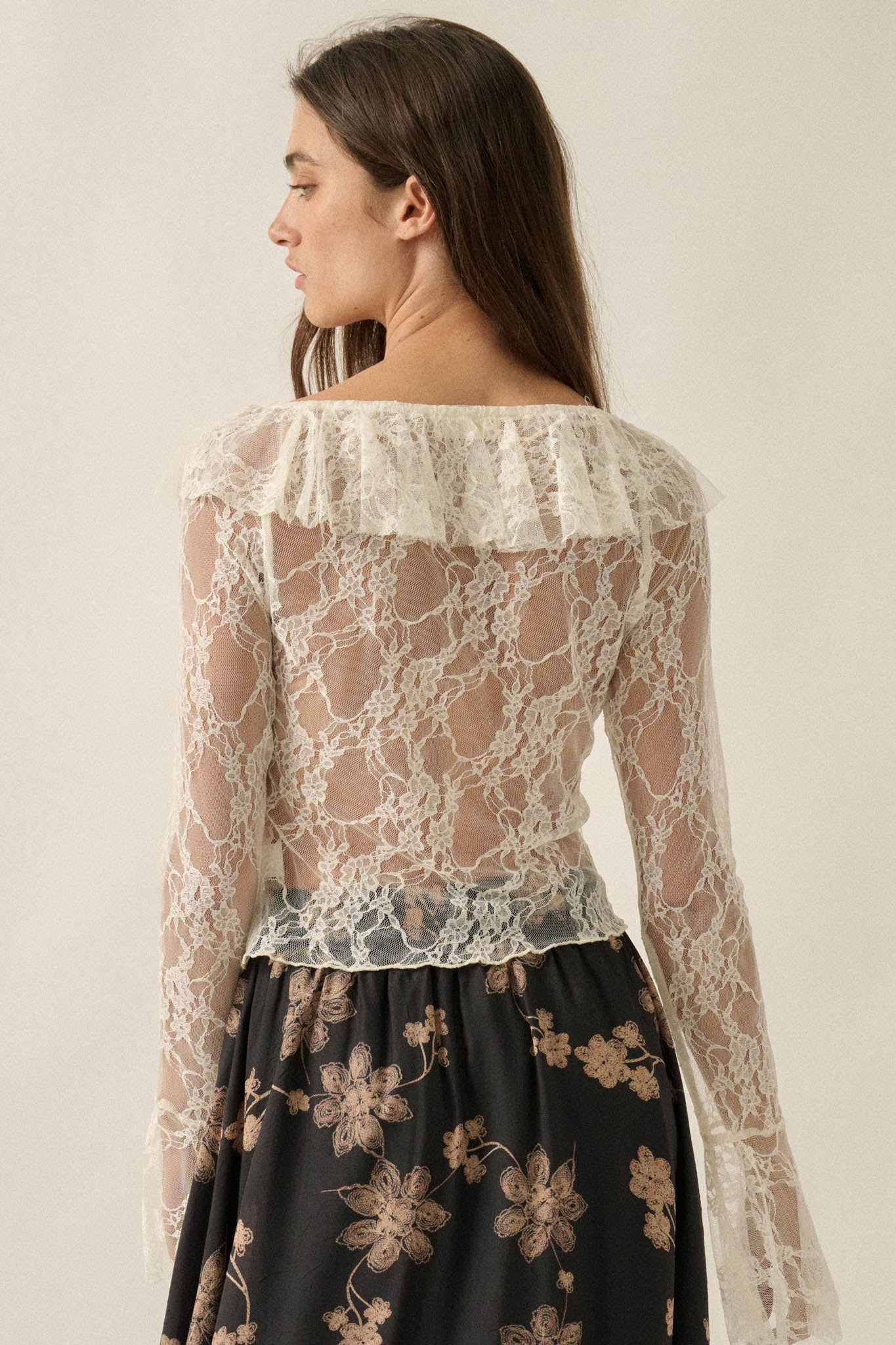 Bella Donna Floral Lace Ruffled Bell-Sleeve Top - ShopPromesa