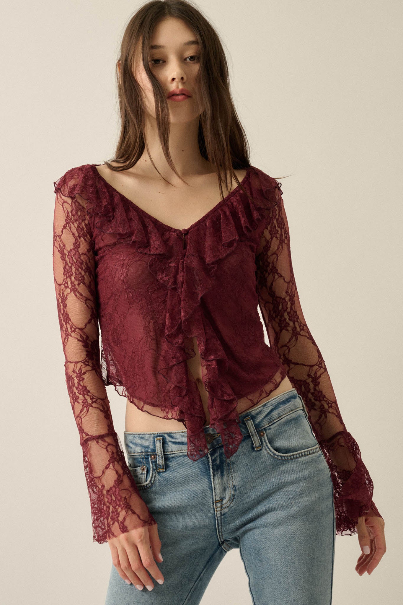 Bella Donna Floral Lace Ruffled Bell-Sleeve Top - ShopPromesa