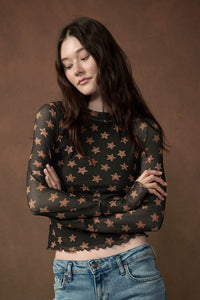 Seeing Stars Printed Mesh Mock-Neck Thumbhole Top - ShopPromesa