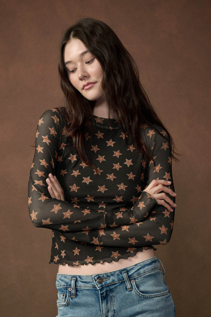 Seeing Stars Printed Mesh Mock-Neck Thumbhole Top - ShopPromesa