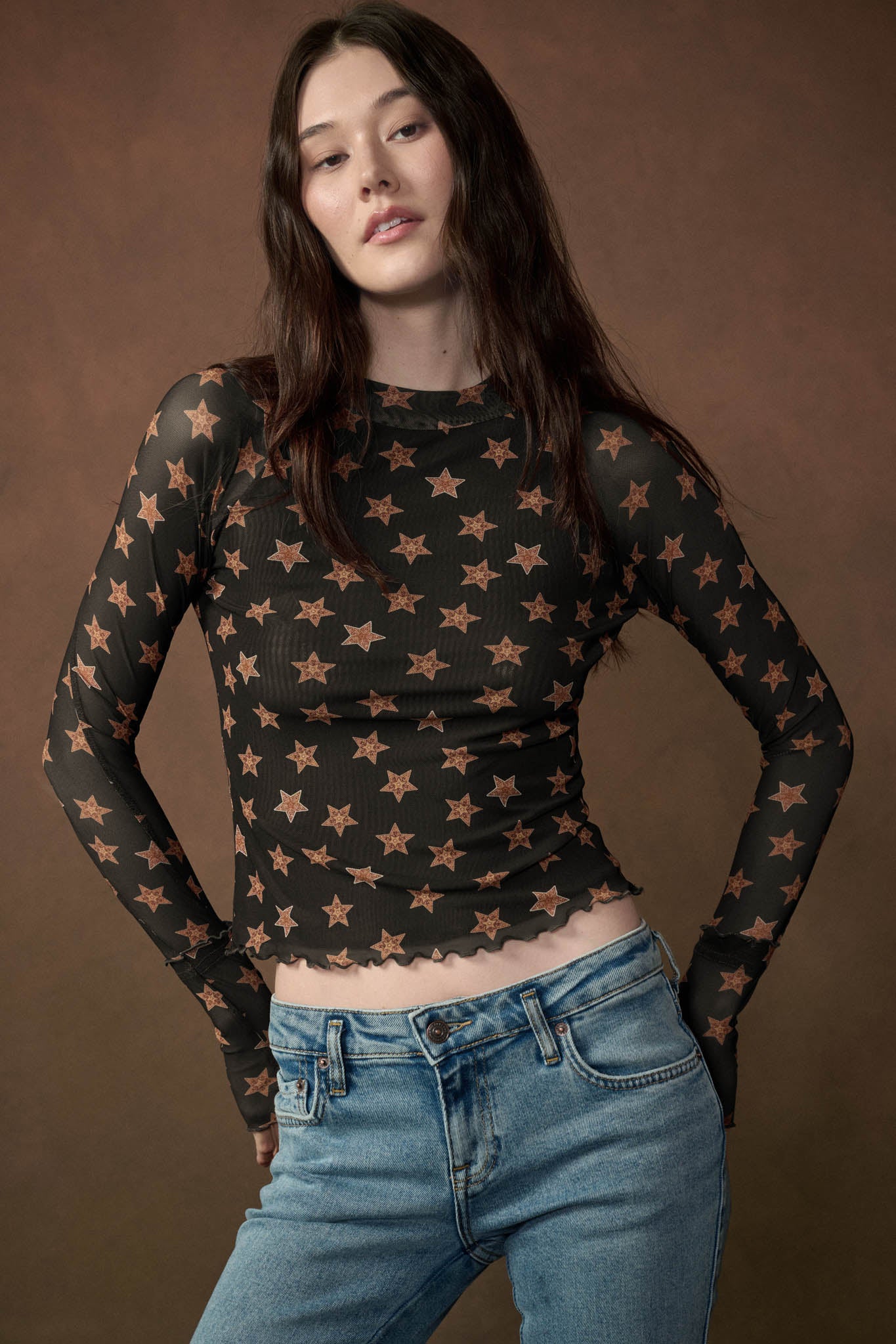 Seeing Stars Printed Mesh Mock-Neck Thumbhole Top - ShopPromesa