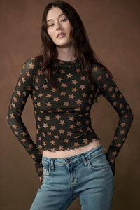 Seeing Stars Printed Mesh Mock-Neck Thumbhole Top - ShopPromesa