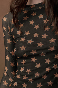 Seeing Stars Printed Mesh Mock-Neck Thumbhole Top - ShopPromesa