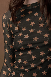Seeing Stars Printed Mesh Mock-Neck Thumbhole Top - ShopPromesa