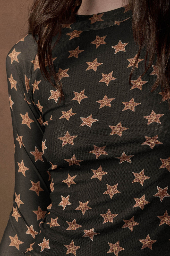 Seeing Stars Printed Mesh Mock-Neck Thumbhole Top - ShopPromesa