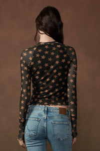 Seeing Stars Printed Mesh Mock-Neck Thumbhole Top - ShopPromesa