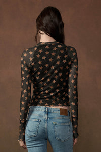Seeing Stars Printed Mesh Mock-Neck Thumbhole Top - ShopPromesa