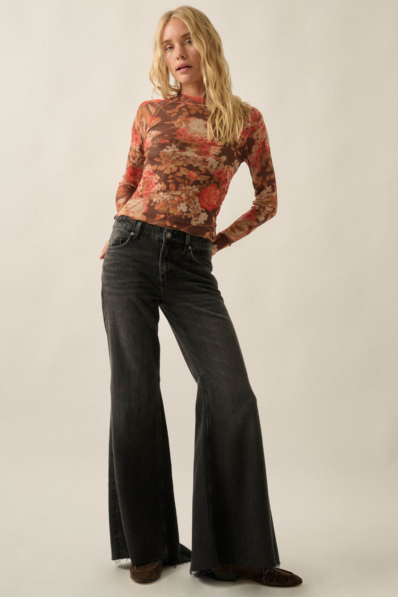 Bright Harvest Floral Mesh Mock-Neck Thumbhole Top - ShopPromesa