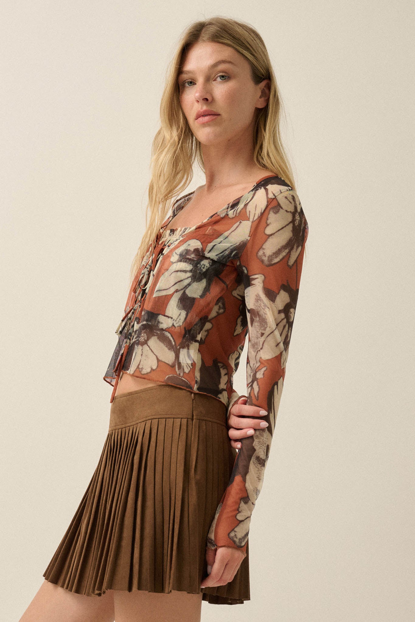 Cedar Canyon Floral Mesh Layered Tie-Front Top - ShopPromesa