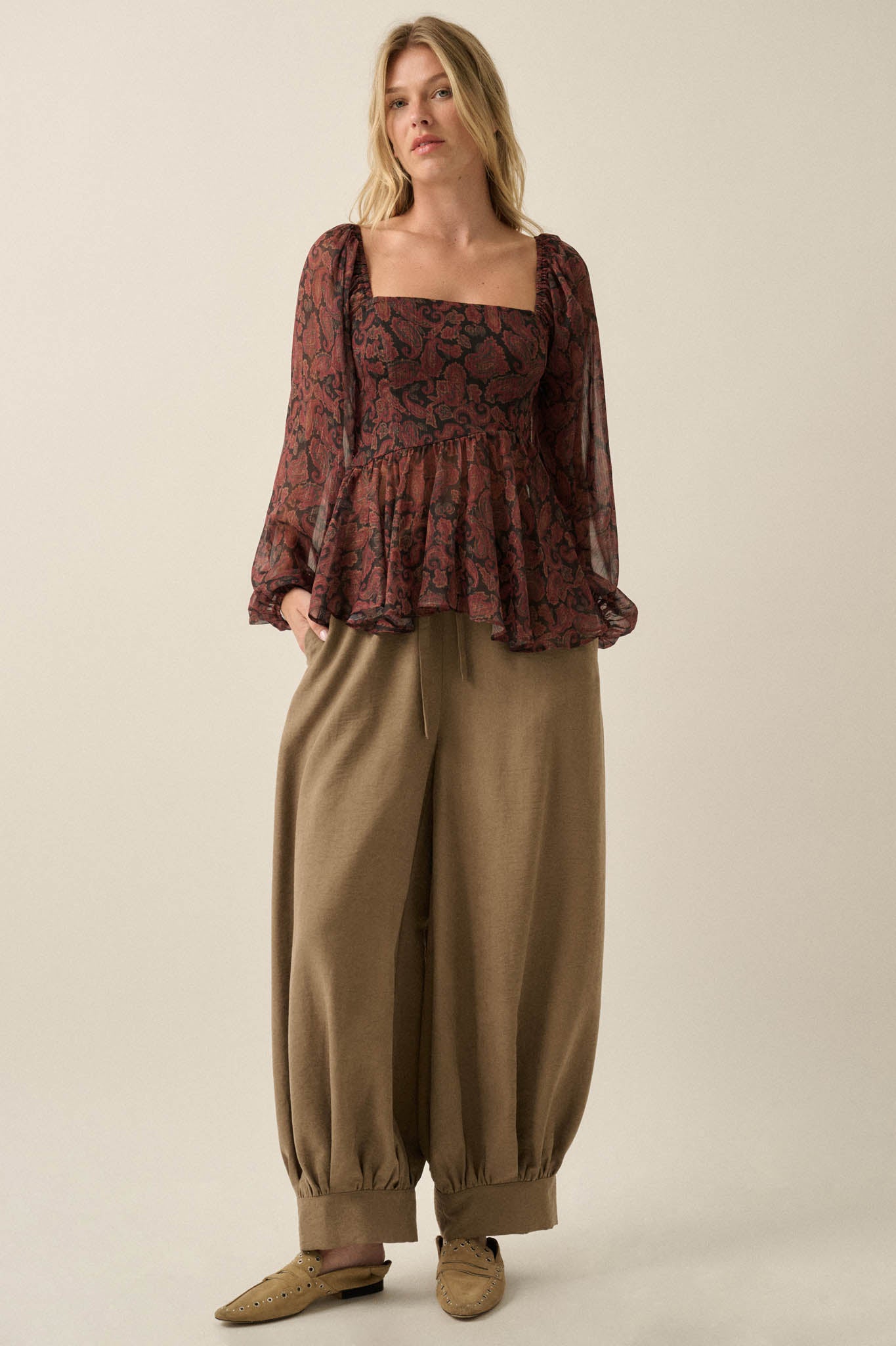 Born Dreamer Paisley Chiffon Balloon-Sleeve Peplum Top - ShopPromesa
