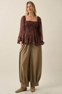Born Dreamer Paisley Chiffon Balloon-Sleeve Peplum Top - ShopPromesa