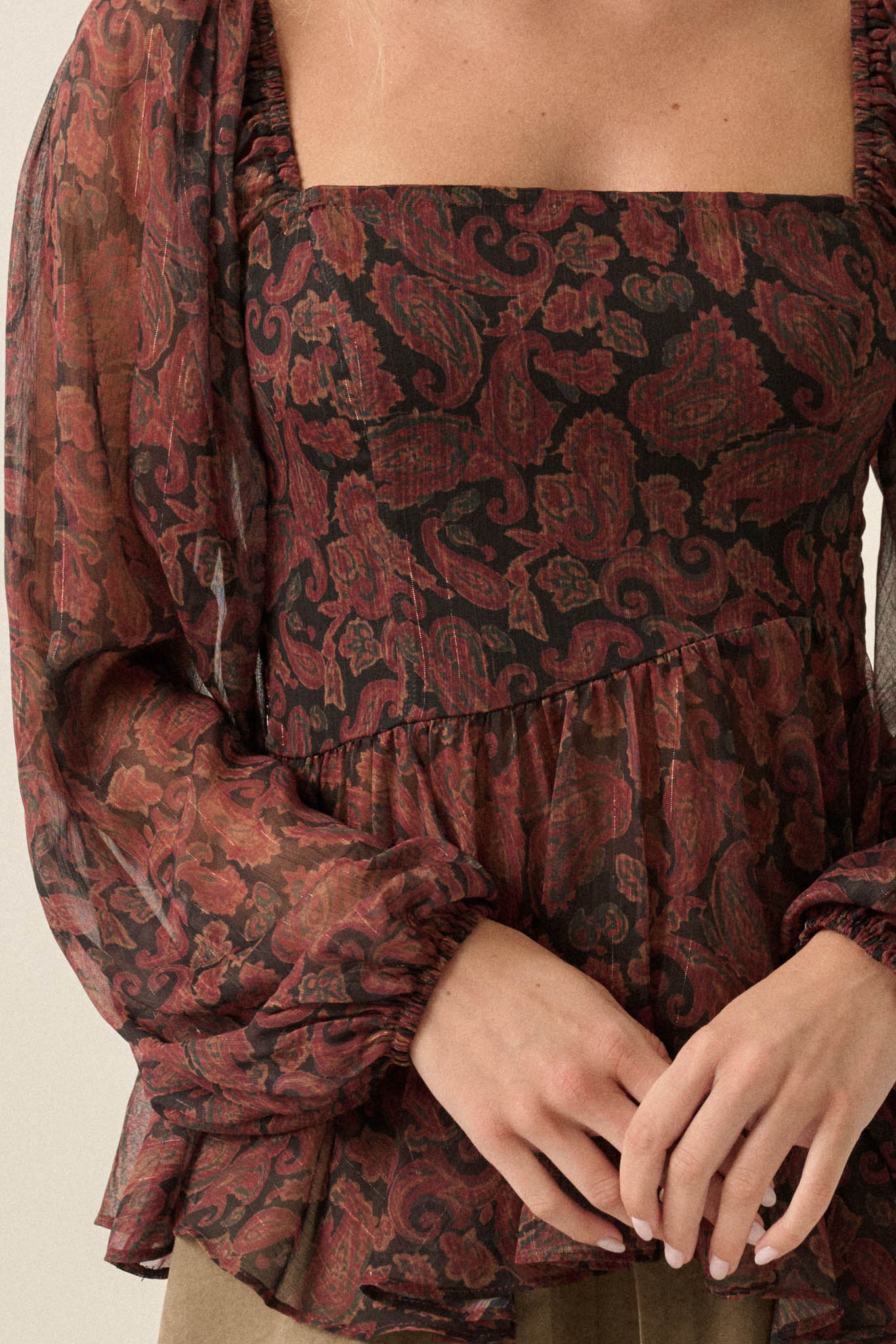 Born Dreamer Paisley Chiffon Balloon-Sleeve Peplum Top - ShopPromesa