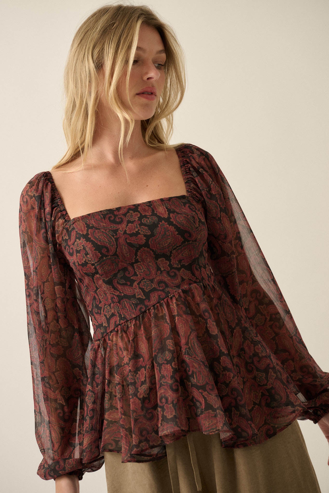 Born Dreamer Paisley Chiffon Balloon-Sleeve Peplum Top - ShopPromesa