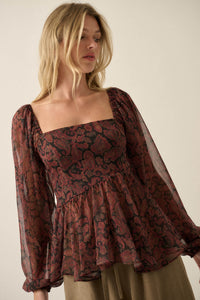Born Dreamer Paisley Chiffon Balloon-Sleeve Peplum Top - ShopPromesa