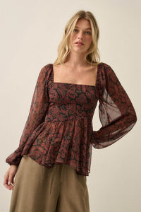 Born Dreamer Paisley Chiffon Balloon-Sleeve Peplum Top - ShopPromesa