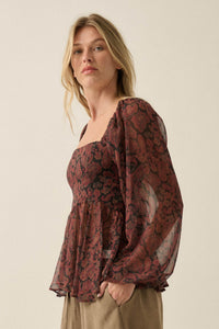 Born Dreamer Paisley Chiffon Balloon-Sleeve Peplum Top - ShopPromesa