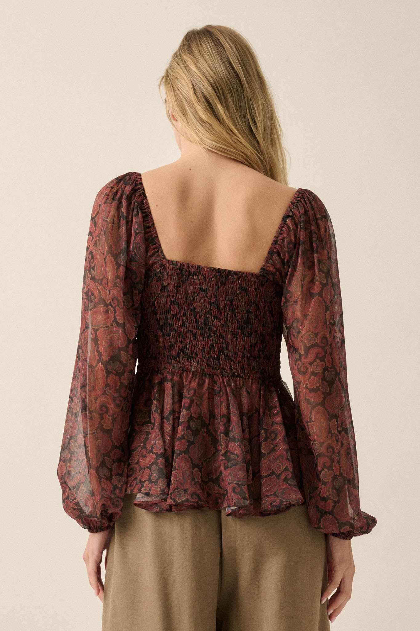 Born Dreamer Paisley Chiffon Balloon-Sleeve Peplum Top - ShopPromesa