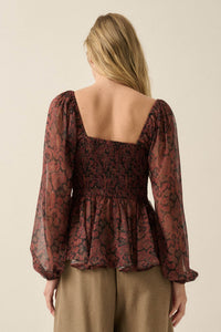 Born Dreamer Paisley Chiffon Balloon-Sleeve Peplum Top - ShopPromesa