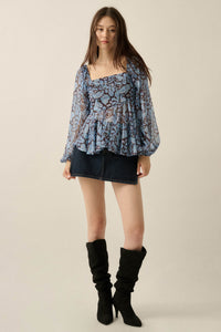 Born Dreamer Paisley Chiffon Balloon-Sleeve Peplum Top - ShopPromesa