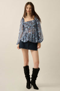 Born Dreamer Paisley Chiffon Balloon-Sleeve Peplum Top - ShopPromesa